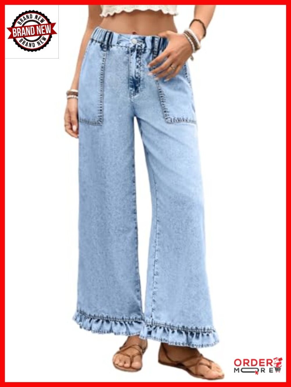 Wide Leg Jeans Ruffle Hem High Rise Elastic Waist Stretch Denim Pants